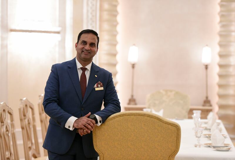 Aariff Nazeem, operations manager at Emirates Palace Mandarin Oriental, ensures a royal welcome for guests.
 Khushnum Bhandari / The National 