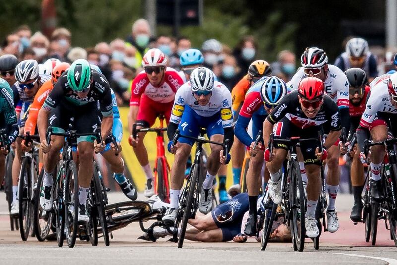 Norwegian rider August Jensen falls as he competes in the final sprint during the 108h edition of the "Scheldeprijs" (Grand Prix de L'Escaut) one-day race - 174km from Schoten to Schoten - on Wednesday, October 14 AAFP