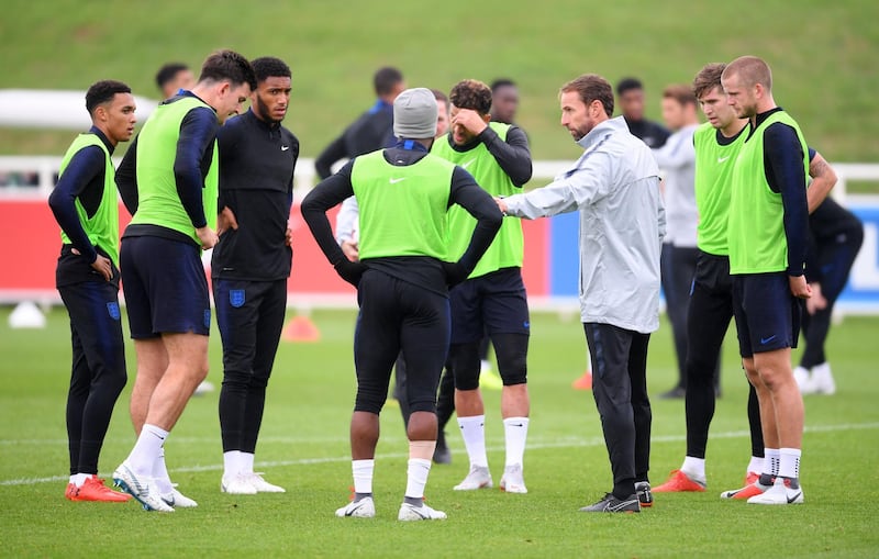 BURTON-UPON-TRENT, ENGLAND - SEPTEMBER 04:  Gareth Southgate, Manager of England gives instructions during an England training session at St Georges Park on September 4, 2018 in Burton-upon-Trent, England.  (Photo by Laurence Griffiths/Getty Images)