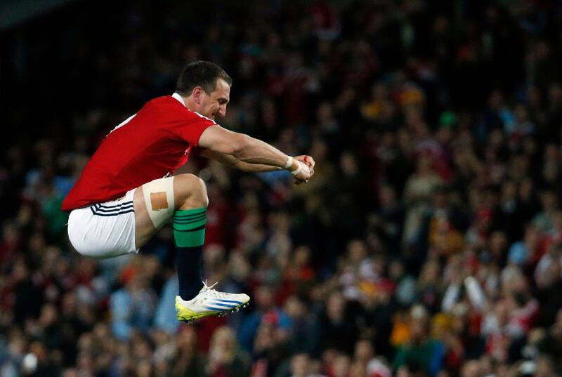 British and Irish Lions captain Sam Warburton jumps in the air before the start of the rugby union game against the New South Wales Waratahs at the Sydney Football Stadium June 15, 2013.    REUTERS/David Gray (AUSTRALIA - Tags: SPORT RUGBY) *** Local Caption ***  DBG303_RUGBY-LIONS-_0615_11.JPG