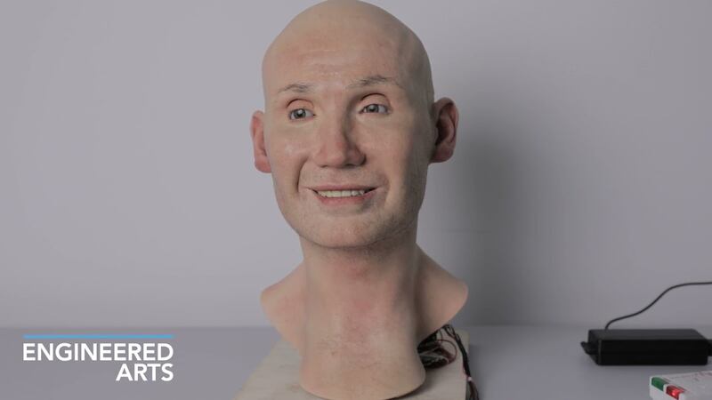 This robot head is called Adran and is a type of Mesmer, a system that helps build realistic humanoids that are cost-effective. Footage of this robot moving its head, yawning and smiling went viral last year. Photo: Engineered Arts