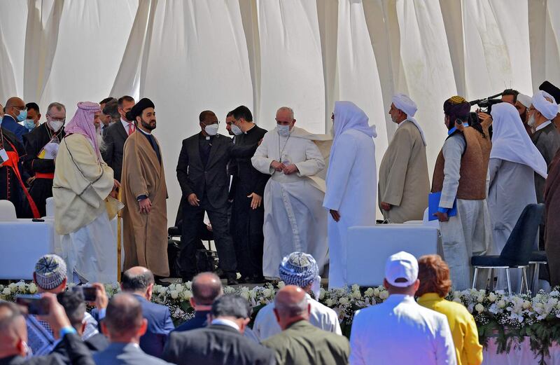 Pope Francis is received at the House of Abraham in the ancient city of Ur in southern Iraq's Dhi Qar province. AFP