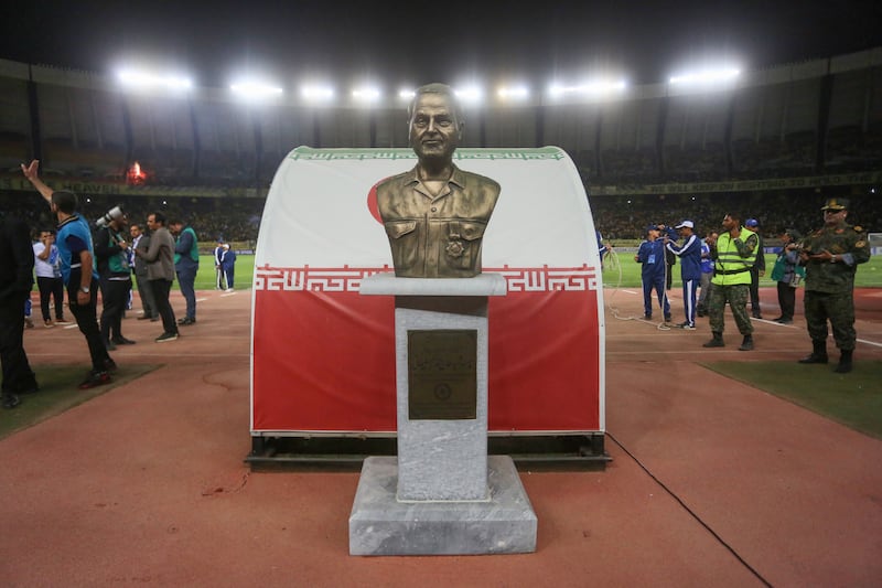 A bust of Revolutionary Guards commander Qassem Suleimani on the pitch at the Naghsh-e-Jahan Stadium in Isfahan. The match between Iran's Sepahan and Saudi Arabia's Al Ittihad was cancelled 'due to unanticipated and unforeseen circumstances', the Asian Football Confederation said. AFP