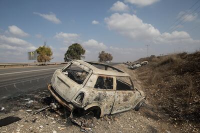 The burnt-out shell of car that was attacked by Hamas during its assault on Israel. Getty Images