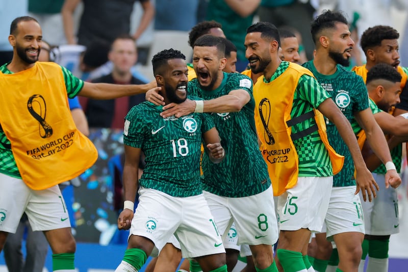 Saudi Arabia celebrate their second goal by Salem Al Dawsari against Argentina at the Lusail Stadium. AFP