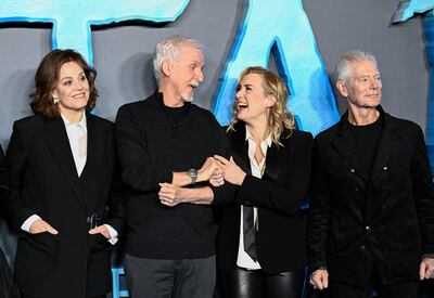 From left, Sigourney Weaver, James Cameron, Kate Winslet and Stephen Lang at the photocall for Avatar: The Way of Water at the Corinthia Hotel in London, England. Getty