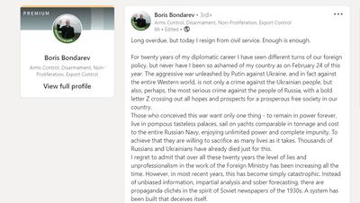 Boris Bondarev's resignation on LinkedIn.