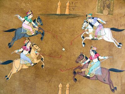 India, Detail Of Miniature Painting, On Old Court Paper From State Of Jaipur, Miniature Shows Women Playing Polo. (Photo by Education Images/Universal Images Group via Getty Images)