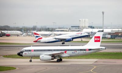 Heathrow, British Airways Heritage BEA livery on an Airbus A319, to celebrate BA centenary celebrations, March 2019.