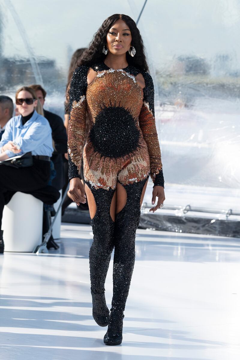 Naomi Campbell modelled a black mesh bodysuit covered in sequins and crystal embroidery. Photos: Alexander McQueen