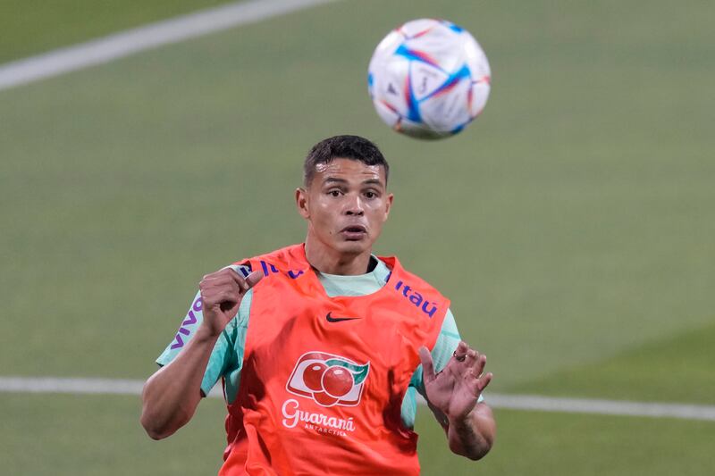 Brazil's Thiago Silva takes part in World Cup training. AP 