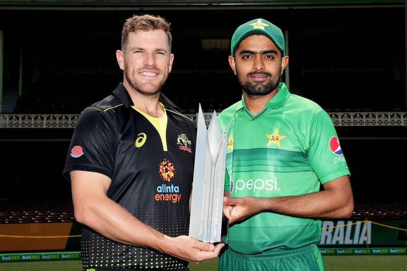 SYDNEY, AUSTRALIA - NOVEMBER 02: Captains Aaron Finch of Australia (L) and Babar Azam of Pakistan (R) pose during the Australia v Pakistan T20 series media opportunity at the Sydney Cricket Ground on November 02, 2019 in Sydney, Australia. (Photo by Matt King/Getty Images)