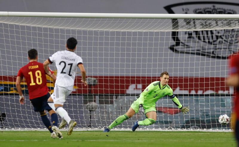 Spain's Ferran Torres scores their fifth goal. Reuters