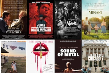This combination photo shows poster art for best picture Oscar nominees, top row from left, 'The Father', 'Judas and the Black Messiah', 'Mank', 'Minari', bottom row from left, 'Nomadland', 'Promising Young Woman', 'Sound of Metal', and 'The Trial of the Chicago 7. AP