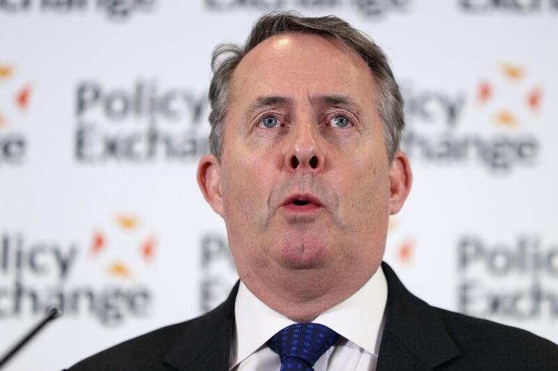 LONDON, ENGLAND - FEBRUARY 01: Britain's International Trade Secretary Liam Fox delivers a speech on world trade at the Policy Exchange on February 01, 2019 in London, England. (Photo by Dan Kitwood/Getty Images)