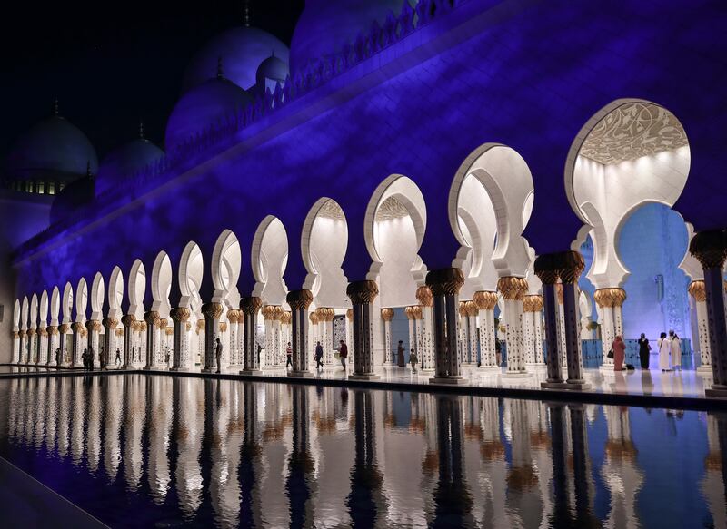 The illuminated Sheikh Zayed Grand Mosque. Victor Besa / The National