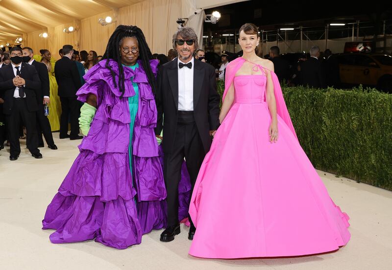 Whoopi Goldberg, Pierpaolo Piccioli and Carey Mulligan, all wearing wearing Valentino, at the 2021 Met Gala. AFP