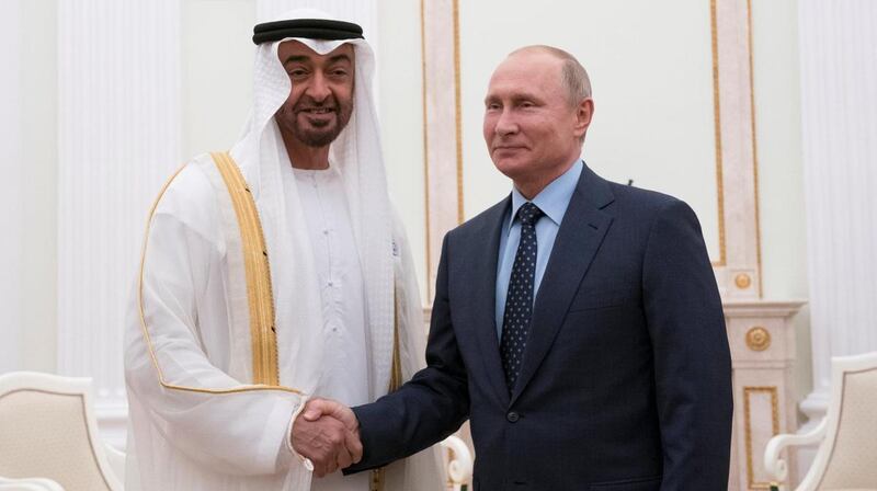 Sheikh Mohamed bin Zayed, Crown Prince of Abu Dhabi and Deputy Supreme Commander of the Armed Forces, during a meeting with Russian President Vladimir Putin at the Kremlin in 2018. 