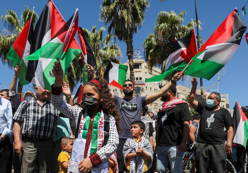 Palestinians demonstrate in the city of Ramallah in the occupied West Bank, in solidarity with Gaza. AFP