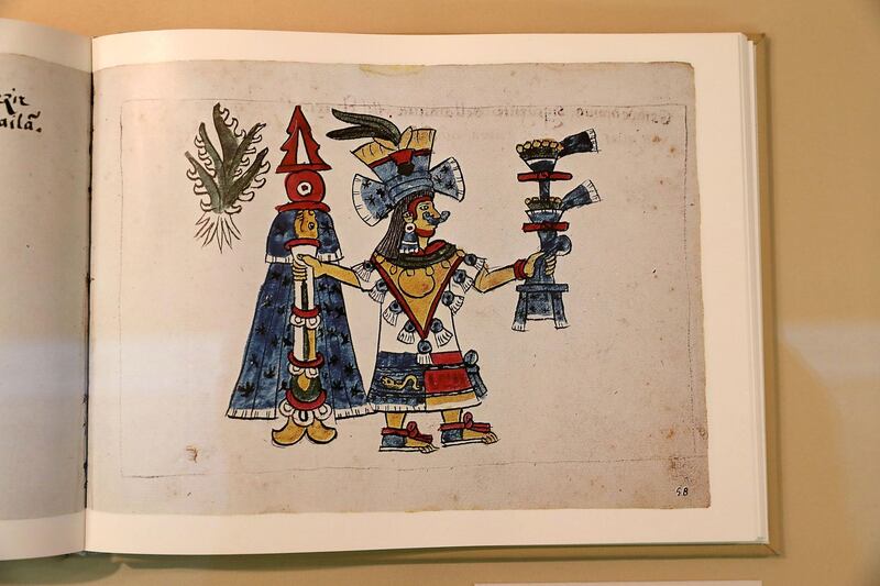ABU DHABI ,  UNITED ARAB EMIRATES , May 13 – 2019 :- Ancient Mexican artefacts called Codices of Mexico: The Old Books of the New World on display at Qasr Al Watan Library in Abu Dhabi. This one is Codex Magliabechiano , Facsimile of the original , European paper and pigments. ( Pawan Singh / The National ) For Arts & Life. Story by Katy Gillett