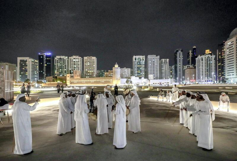 Abu Dhabi, United Arab Emirates, May 18, 2019. –  ‘Ramadan at Al Hosn’, which aims to revive the authentic traditions of Ramadan by recalling the memories rooted in our past, when the people of Abu Dhabi gathered at Qasr Al Hosn to celebrate the holy month. --  Traditional Emirati dance, the Ayala.
Victor Besa/The National
Section:  NA
Reporter: