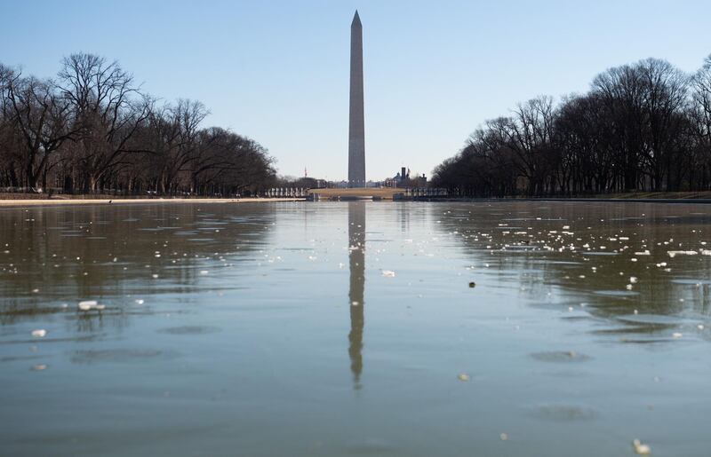 The Reflecting Pool on the National Mall in Washington, DC, is frozen. AFP