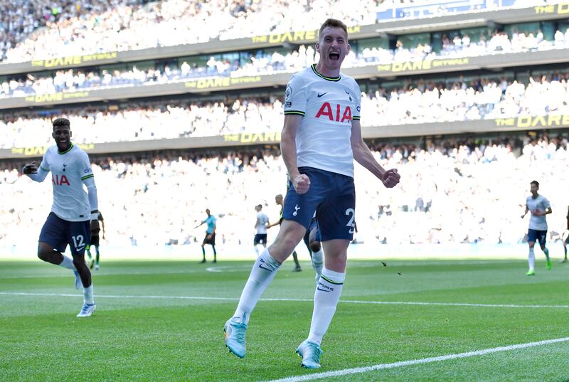 Dejan Kulusevski celebrates after firing Tottenham into a 4-1 lead. EPA