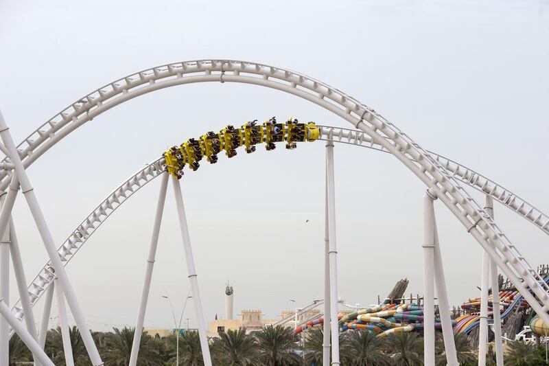 The Flying Aces roller coaster boasts the world’s steepest and fastest cable lift, at 51 degrees and 30 kilometres per hour, and the world’s tallest inverted loop, climbing 52 metres. Christopher Pike / The National