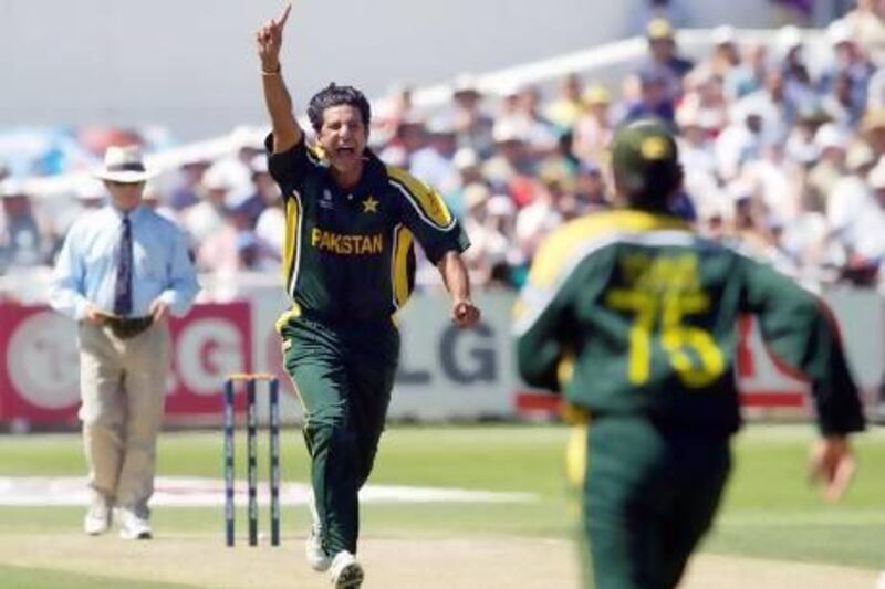 Pakistan’s Wasim Akram, left, celebrates the wicket of Marcus Trescothick during the 2003 World Cup in South Africa. Getty