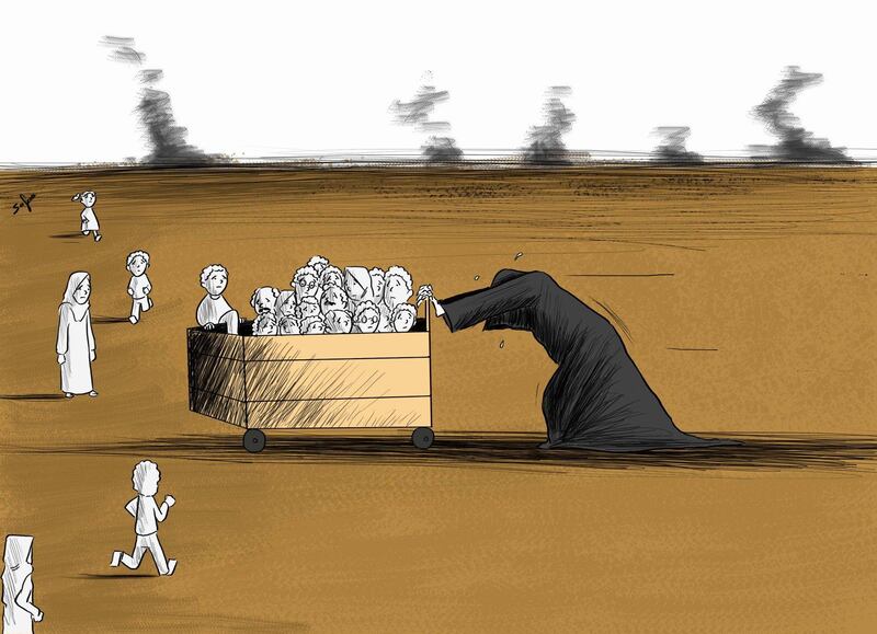 A cartoon by Palestinian artists Safaa Odah shows the figure of death pushing a crate full of children. Safaa Odah 