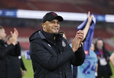 Burnley manager Vincent Kompany celebrates promotion to the Premier League following the Sky Bet Championship match at the Riverside Stadium, Middlesbrough. Photo: Richard Sellers