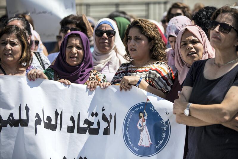 Palestinian women  protested in front of the prime minister's office in Ramallah on September 2,2019 to demand an investigation into the death of Israa Ghrayeb, a 21-year-old woman whom many suspect was the victim of a so-called honor killing.(Photo by Heidi Levine for The National).