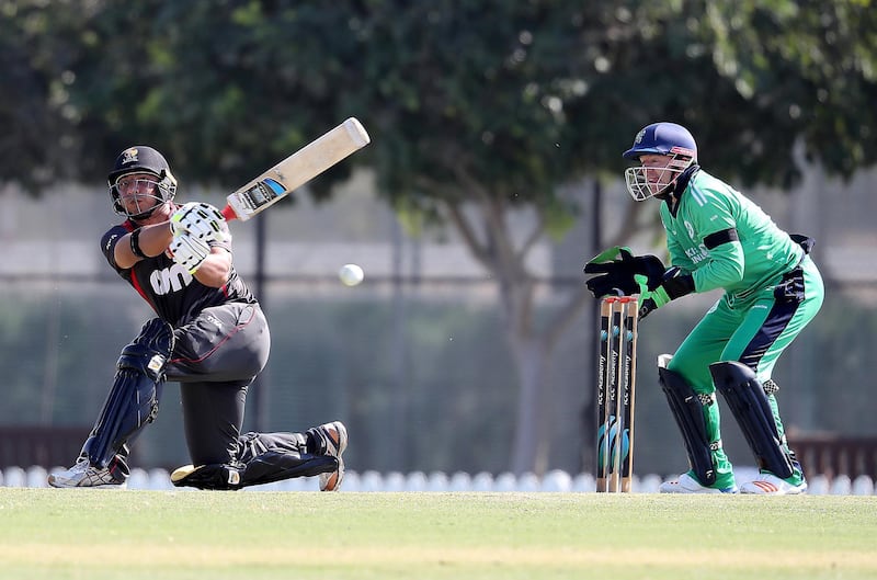 DUBAI , UNITED ARAB EMIRATES , JAN 11 – 2018 :- Mohammad Boota of UAE playing a shot during the one day international cricket match between UAE vs Ireland held at ICC Academy in Dubai Sports City in Dubai.  (Pawan Singh / The National) For Sports. Story by Paul Radley