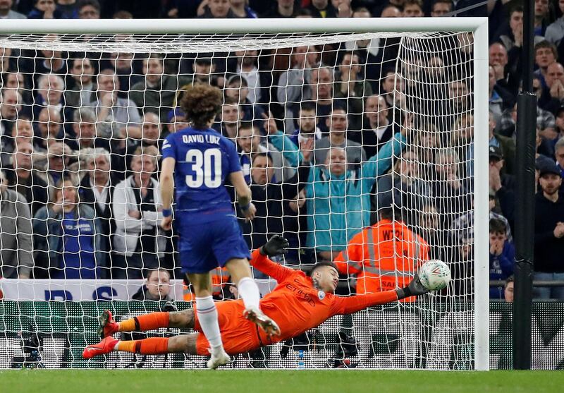 Chelsea's David Luiz misses from the penalty spot during the shootout. Action Images via Reuters