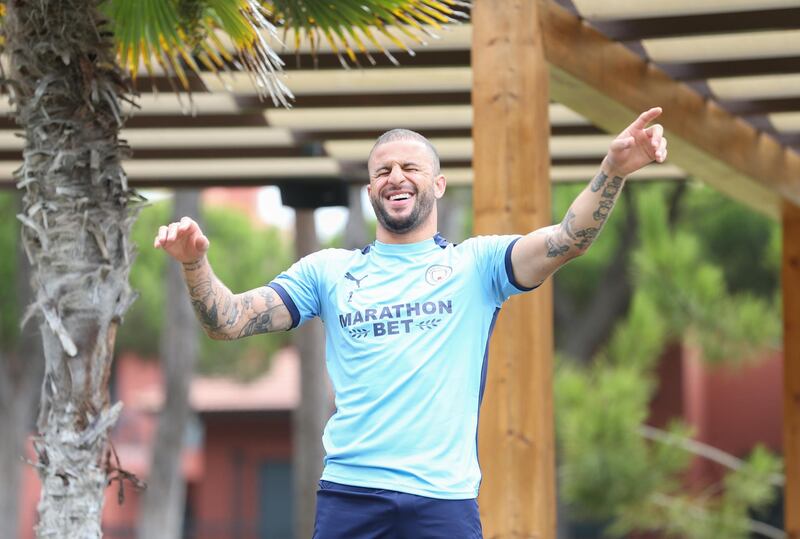 LISBON, PORTUGAL - AUGUST 11: Kyle Walker of Manchester City takes part in a stretching session in the build up to the UEFA Champions League Quarter Final match at the team hotel on August 11, 2020 in Lisbon, Portugal. (Photo by Victoria Haydn/Manchester City FC via Getty Images)