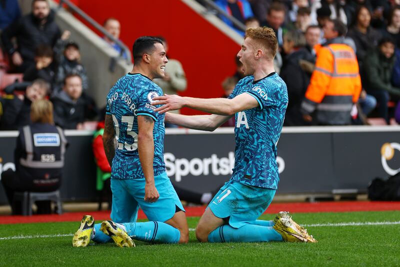 Pedro Porro celebrates with Dejan Kulusevski after scoring the opener for Tottenham. Getty