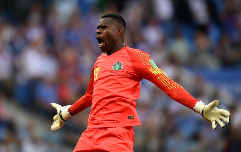 VOLGOGRAD, RUSSIA - JUNE 22:  Francis Uzoho of Nigeria celebrates after his team's second goal during the 2018 FIFA World Cup Russia group D match between Nigeria and Iceland at Volgograd Arena on June 22, 2018 in Volgograd, Russia.  (Photo by Shaun Botterill/Getty Images)
