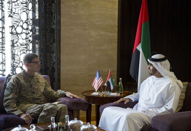 Sheikh Mohammed bin Zayed, Crown Prince of Abu Dhabi and Deputy Supreme Commander of the Armed Forces, meets Gen Joseph L Votel, commander of United States central command, at Al Shati Palace on Wednesday. Mohamed Al Hammadi / Crown Prince Court – Abu Dhabi