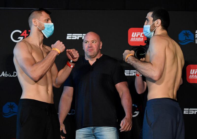 ABU DHABI, UNITED ARAB EMIRATES - JANUARY 15: (L-R) Opponents David Zawada of Germany and Ramazan Emeev of Russia face off during the UFC weigh-in at Etihad Arena on UFC Fight Island on January 15, 2021 in Abu Dhabi, United Arab Emirates. (Photo by Jeff Bottari/Zuffa LLC)