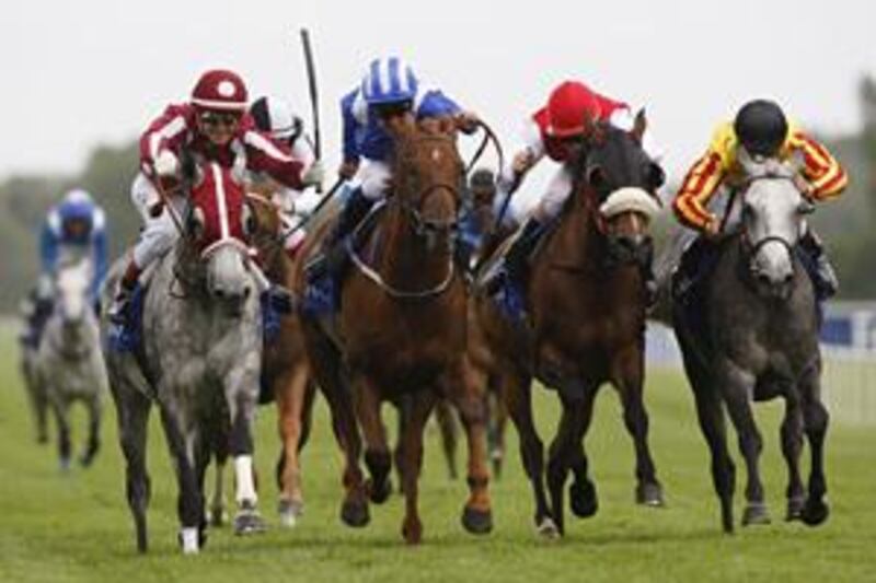 Al Dahma, left, pipped No Risk Al Maury, second from left, at the Group 1 PA Shadwell Dubai International Stakes in the Dubai International Arabian Raceday at Newbury yesterday. Al Dahma was reportedly not even at 100 per cent before the race.