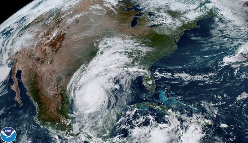A satellite image shows Hurricane Delta as it progresses over the Gulf of Mexico towards the Louisiana coast October 8, 2020. NOAA via Reuters