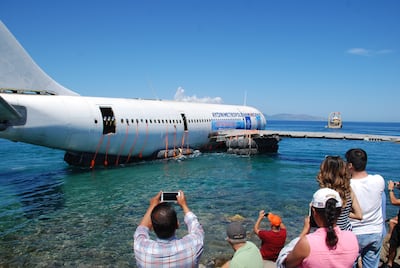 The Neopolis Airbus A300 is sunk into the waters of the Aegean Sea off the coast of Kusadasi, Turkey. Photo: Getty Images