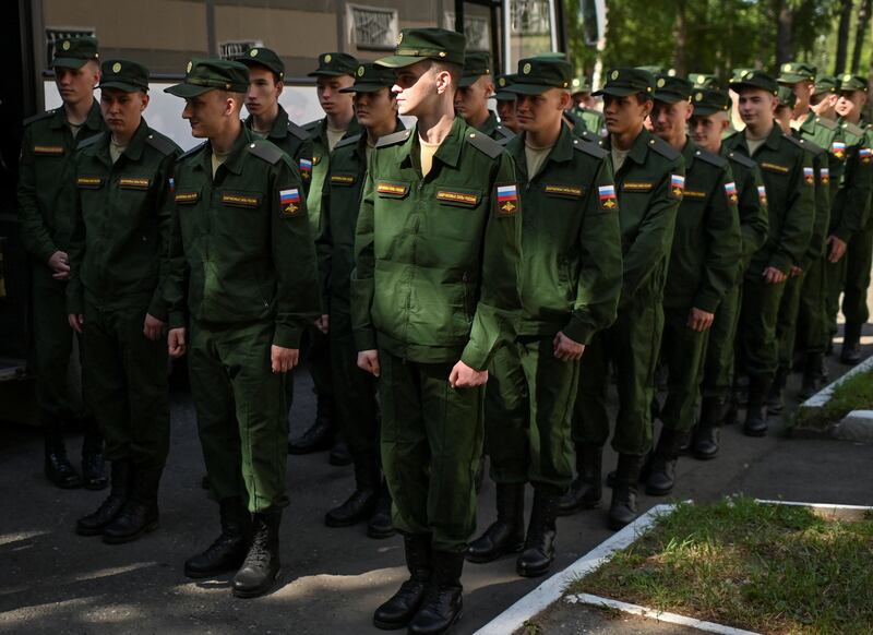 Russian conscripts attend a ceremony before their departure for their garrisons in Omsk, Russia. Reuters