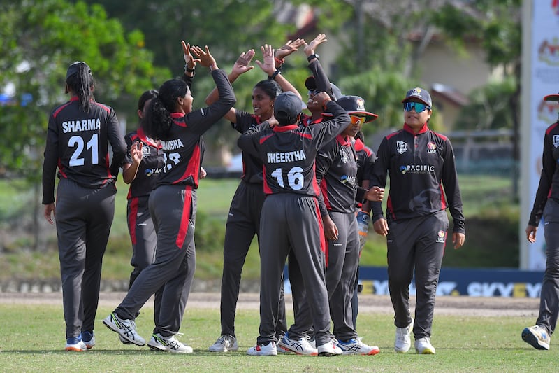 UAE celebrate another wicket in their comprehensive win over Qatar at the ACC Women's T20 Championship in Kuala Lumpur. Courtesy Malaysia Cricket Asssociation