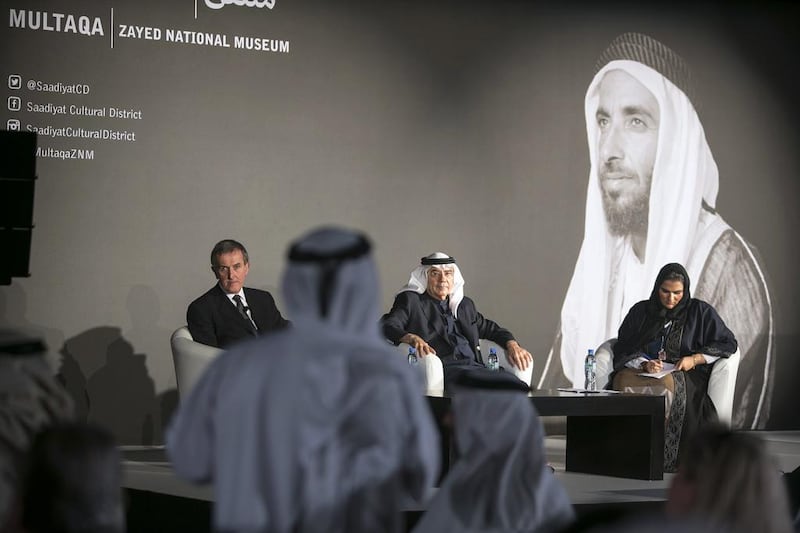 (L to R) Neil Macregor, the Director of British Museum, Zaki Nusseibeh, the Vice Chairman of the Abu Dhabi Authority for Culture and Heritage, and Salama al Shamsi, Project Manager, Zayed National Museum, attend a panel talk "Multaqa, Zayed National Museum' , at the Manarat al Saadiyat gallery in Abu Dhabi. Silvia Razgova / The National