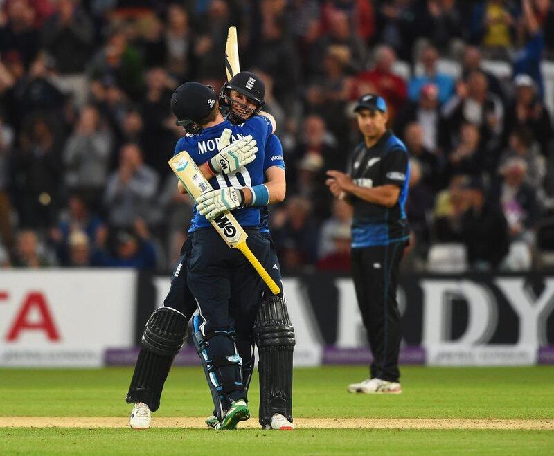 Eoin Morgan (113) and Joe Root (106 not out) shared a stand of 198 — a third-wicket record against New Zealand. Laurence Griffiths / Getty / June 17, 2015
