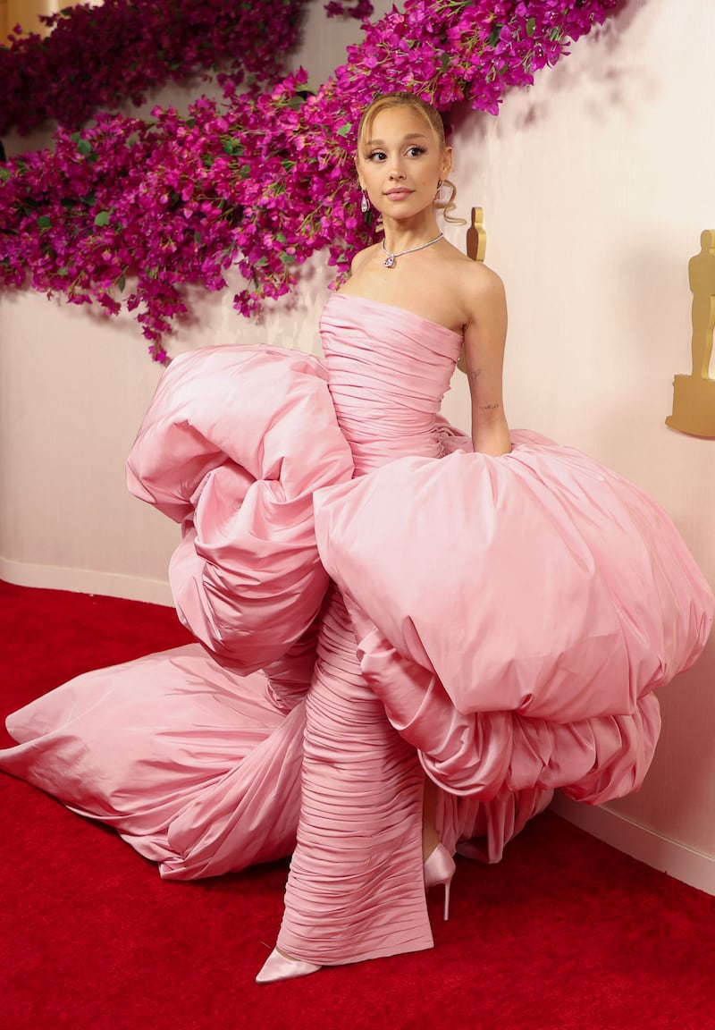 Ariana Grande in powder pink Giambattista Valli and Tiffany & Co jewellery. AFP