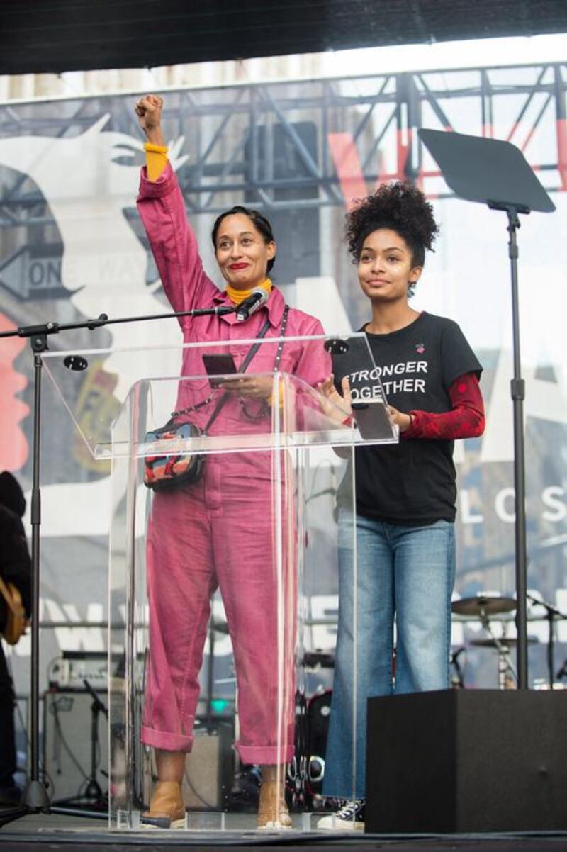 Actors Tracee Ellis Ross, left, and Yara Shahidi attend the women’s march in Los Angeles on January 21, 2017 in Los Angeles, California. Emma McIntyre / Getty Images / AFP