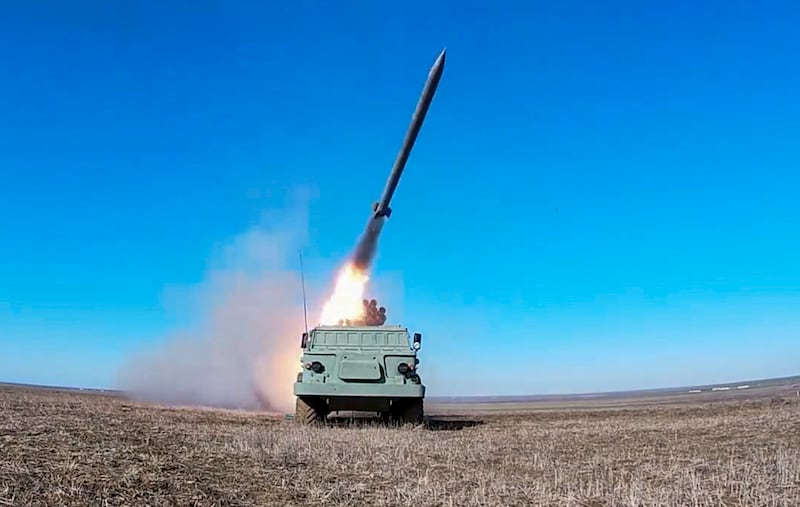 A BM-27 Uragan self-propelled multiple rocket launcher system during a live firing drill at the 'Opuk' interspecific training ground in Crimea. EPA