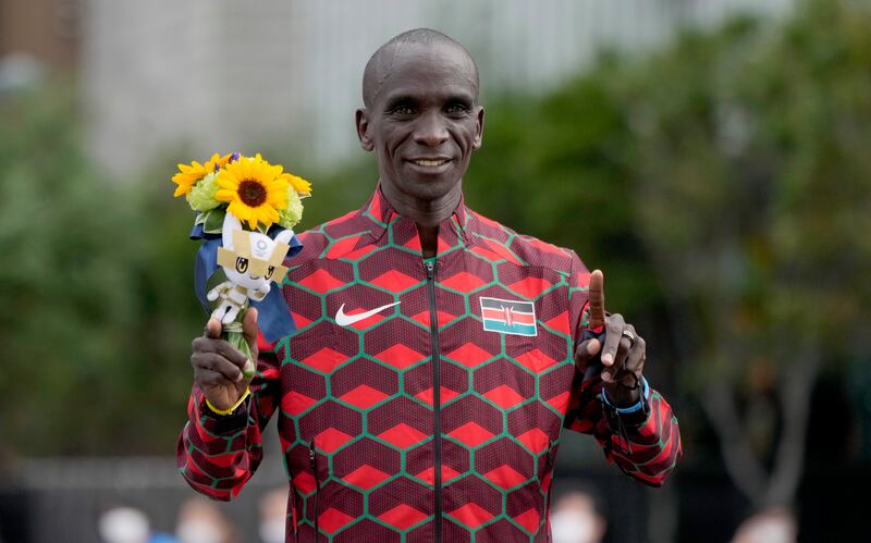 Gold medallst Eliud Kipchoge of Kenya after his marathon win.